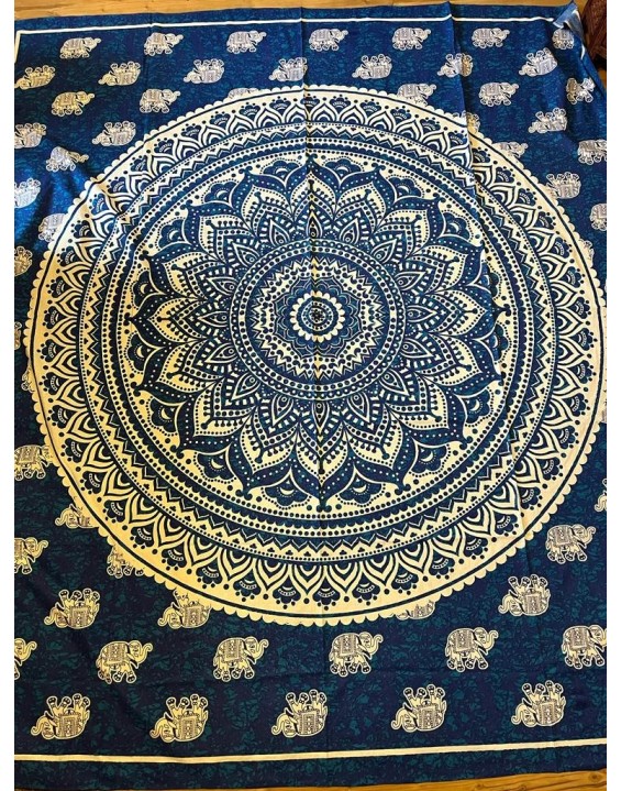 Indická plachta veľká - MANDALA KVET - 230×210 cm - modro biela so slonmi