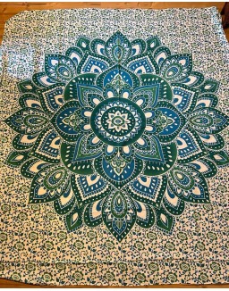 Indická plachta veľká - MANDALA KVET - 230×210 cm - bielo zeleno modrá