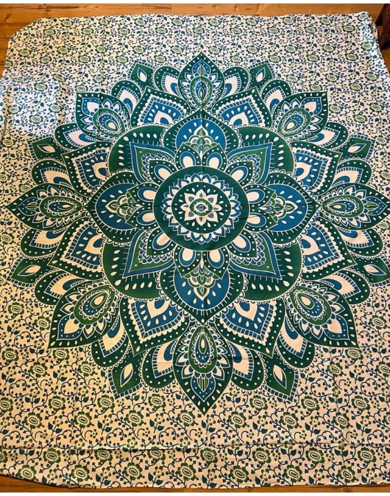 Indická plachta veľká - MANDALA KVET - 230×210 cm - bielo zeleno modrá